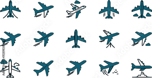 The image shows a collection of fifteen aircraft, all designed in a consistent style and presented in a dark blue hue against a clean white background. This color choice provides an attractive contras