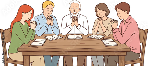 Family praying together at table, Christian faith devotion with Bible study, spiritual worship and peaceful prayer illustration concept