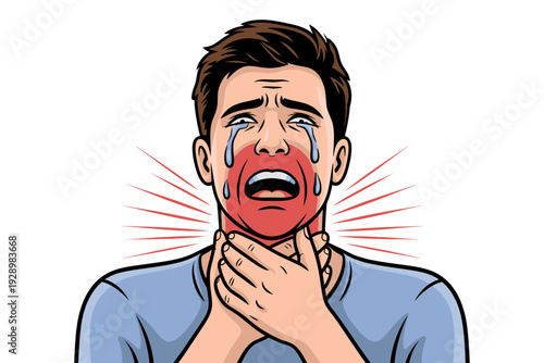 A cartoon man clutching his throat in shock and pain with a red highlighted area