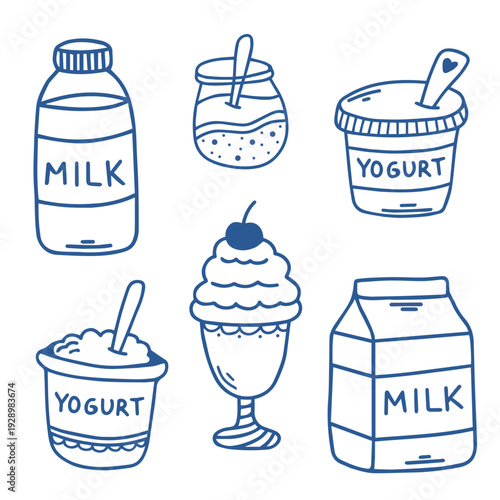 Milk and yogurt dairy product set with glass bottle, jar, ice cream and milk carton for healthy breakfast and kitchen menu design