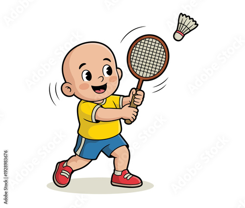 A happy cartoon boy playing badminton with a racket and shuttlecock in a fun outdoor setting