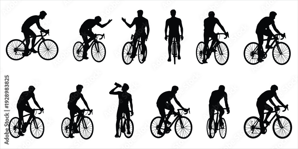 Obraz premium Collection of Cyclist Silhouettes in Different Poses and Actions Keywords: cyclist, bicycle, bike, silhouette, man, riding