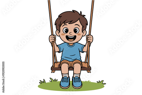 A happy young boy swinging on a swing set in a green field on a sunny day
