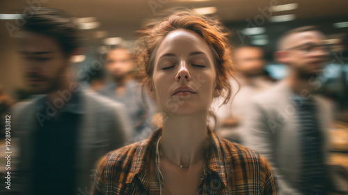Ai Focused woman meditating while others engage in discussions in a modern office environment