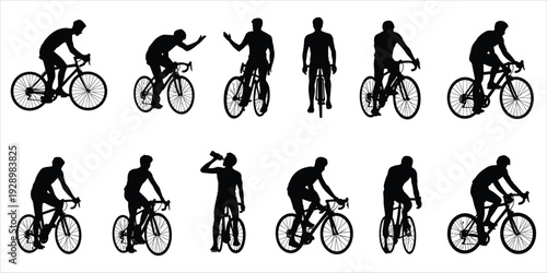 Collection of Cyclist Silhouettes in Different Poses and Actions Keywords: cyclist, bicycle, bike, silhouette, man, riding