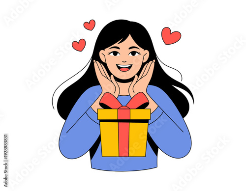 A happy woman holding a gift box with hearts around her head, symbolizing love and surprise
