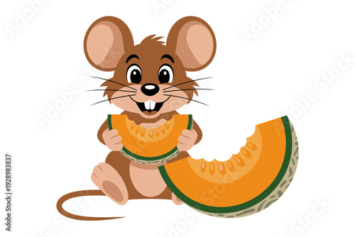 A cartoon mouse happily eating a slice of cantaloupe with a big smile on its face
