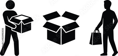 People handling boxes and bags in delivery and shipping process with open carton