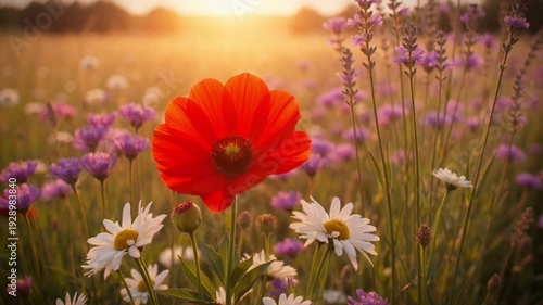 Poppy Field at Sunset: A vibrant red poppy blooms boldly, surrounded by a tapestry of wildflowers, basking in the warm glow of the setting sun, evoking a sense of tranquility and natural beauty.