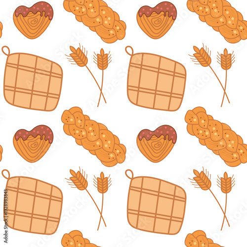Pastry seamless pattern with bread, wheat, mitten and bakery element for kitchen textile, wallpaper and food packaging design