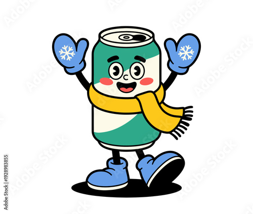 A cheerful cartoon soda can character wearing winter clothing and accessories, standing alone on a white background.