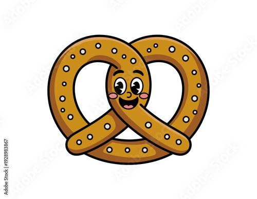 A cheerful cartoon pretzel with a smiling face and happy eyes on a white background