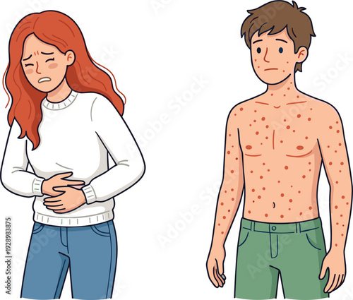 Food poisoning and chickenpox symptoms concept, woman with stomach pain and child with viral skin rash medical illustration