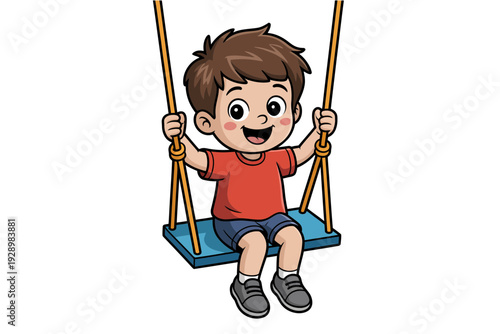 A happy cartoon boy swinging on a swing set with a big smile on his face