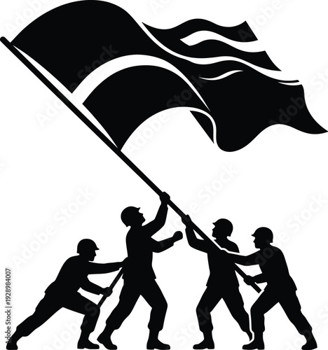 Four people working together to raise a large flag teamwork and cooperation concept