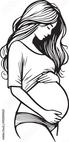 Pregnant Woman Holding Belly Line Art
