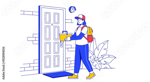 A delivery person with a backpack and a package approaches a door, symbolizing efficient parcel service and logistics
