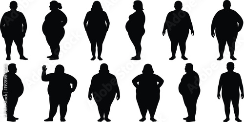 Collection of black silhouettes of overweight people in various poses and profiles Keywords: overweight, obesity, silhouette