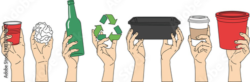Hands holding recyclable and disposable waste items, plastic cups bottle paper and recycling symbol environmental protection concept illustration