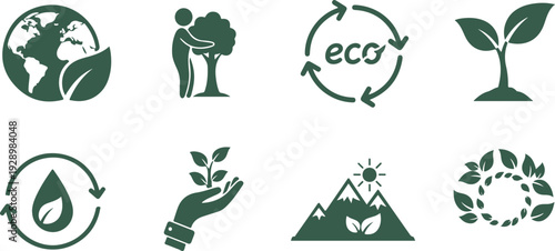 Collection of eco friendly icons representing sustainability and environmental conservation concepts isolated on transparent background