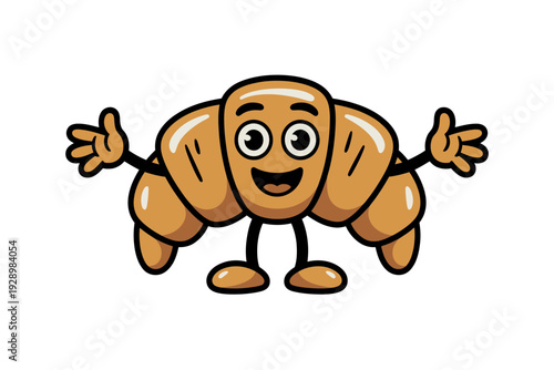 A cheerful cartoon croissant character with a smile and arms outstretched in a friendly gesture