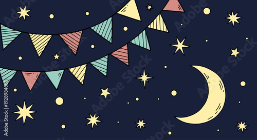 A whimsical night sky with a crescent moon, stars, and festive bunting flags, creating a magical and celebratory atmosphere