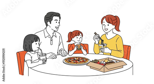 A happy family enjoying a delicious pizza and drinks together at a round table in a warm and inviting setting