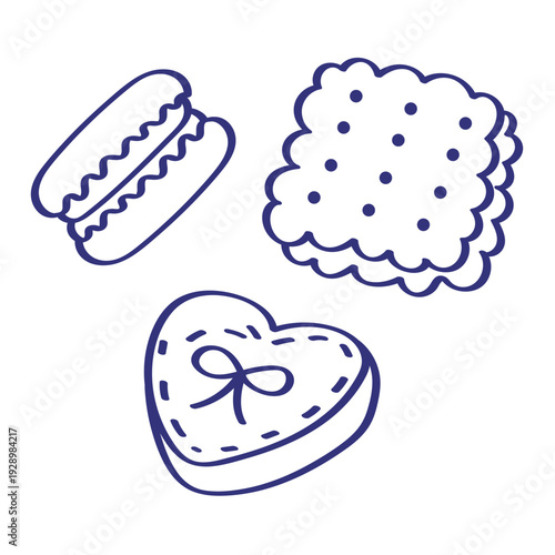 Cookie and biscuit set with heart shape, macaron and cracker for sweet snack, tea time and bakery cafe dessert menu