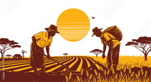 Sunrise agricultural scene of two farmers tending to crops in a rural field