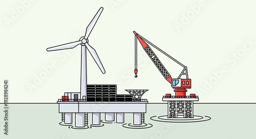 Offshore wind energy generation illustration showcasing a large turbine and a heavy-duty crane involved in marine construction for sustainable power development and ecological progress