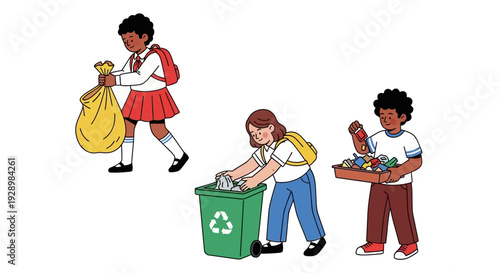 Young students actively participating in responsible waste management and recycling initiatives, promoting environmental awareness and sustainable practices for a cleaner future