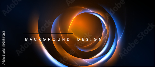 Abstract design features concentric glowing circles. Orange, blue hues dominate dark background. Text reads background design. Modern, dynamic visual.