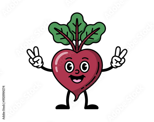A cheerful cartoon beetroot character making a peace sign with both hands