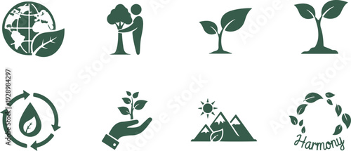 Collection of eco friendly icons representing sustainability harmony nature growth and environmental conservation concepts