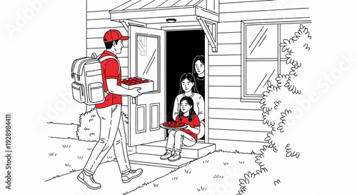 Doorstep delivery of food to a family in a house with a delivery person carrying a thermal bag