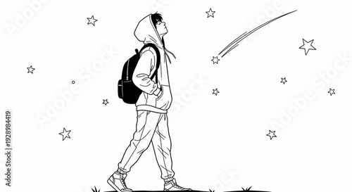 Young man with backpack looking up at a shooting star in the night sky with twinkling stars
