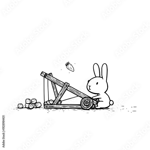 A cute cartoon rabbit operates a medieval catapult launching a stone with logs nearby in a playful illustration