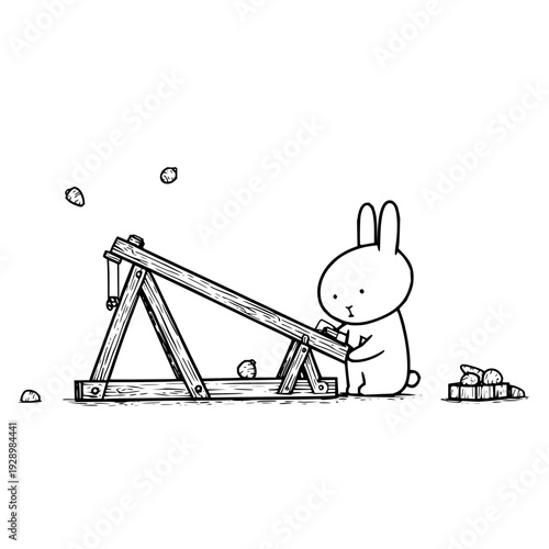 Cute cartoon rabbit launching rocks with catapult playful scene in black and white