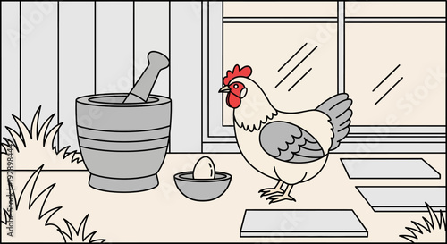 A still life illustration featuring a mortar and pestle, an egg in a bowl, and a chicken standing near a window with grass and stepping stones