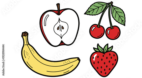 A vibrant collection of fresh fruits including a ripe banana, a sliced apple, juicy cherries, and a sweet strawberry, perfect for healthy eating and organic food themes