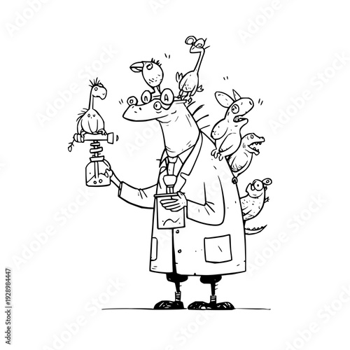 Cartoon lizard scientist with birds on body holding beaker and test tube lab coat on standing isolated on white background
