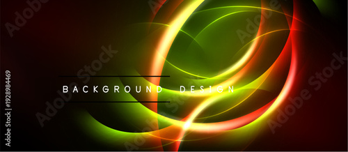 Bright neon lines form abstract circular shapes. Dark background emphasizes glowing colors, creating dynamic visual effect.