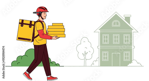 Delivery person with food packages walking towards a house in a neighborhood
