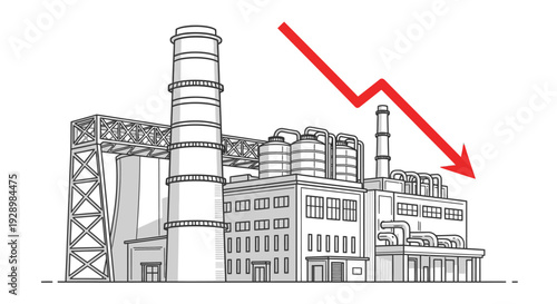 Factory production decline illustrated with a red downward arrow