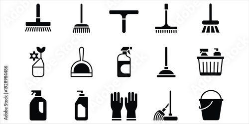 Collection of black cleaning tools and supplies icons on white background vector illustration