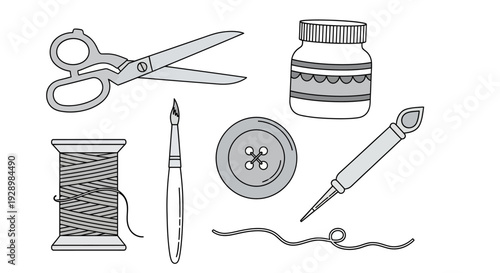 A collection of various crafting and sewing supplies, including scissors, thread, a button, and a glue bottle