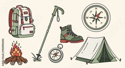 Outdoor adventure and camping equipment collection featuring a backpack, hiking boots, tent, compass, and campfire
