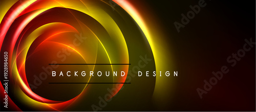 Abstract swirling neon lights create dynamic background. Warm colors dominate, suggesting energy, motion, depth. Text reads background design.