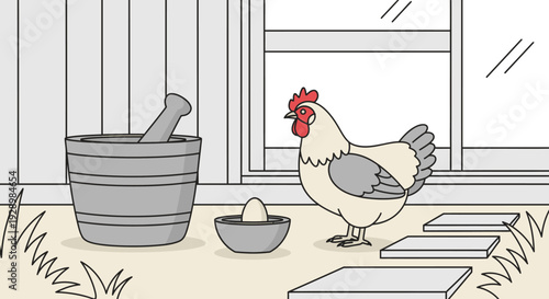 A charming illustration of a chicken and an egg in a mortar, suggesting a rustic farmyard scene with a mortar and pestle, hinting at natural ingredients
