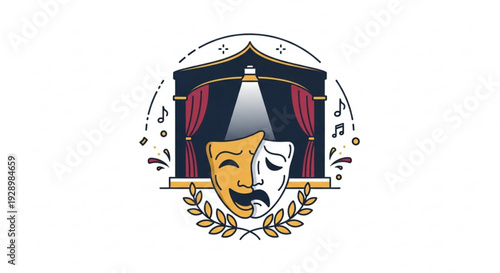 Theatrical masks with comedy and tragedy faces in front of a stage with red curtains and spotlight